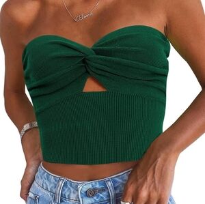 Size Large Women's Cut Out Twist Knot Front Bandeau Ribbed Knit Tube Top Green